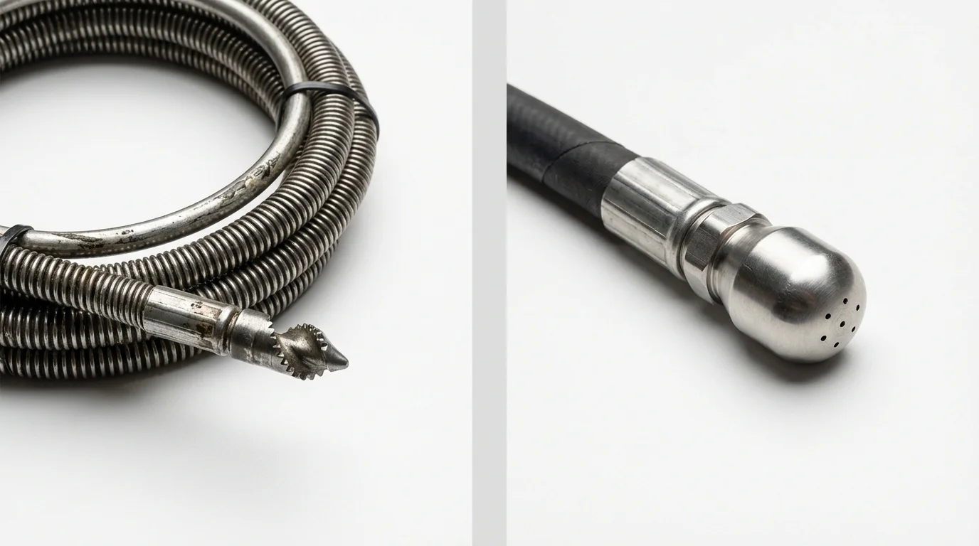 Drain snake cable and hydro jetting nozzle used for drain cleaning in Oconomowoc, WI