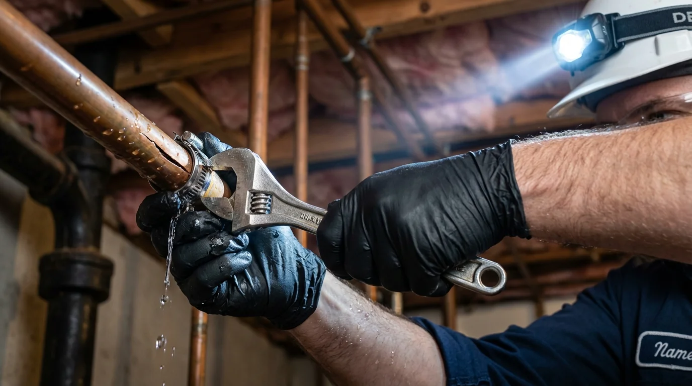 Emergency pipe clamp repair being performed by a Johns Plumbing LLC plumber in Oconomowoc