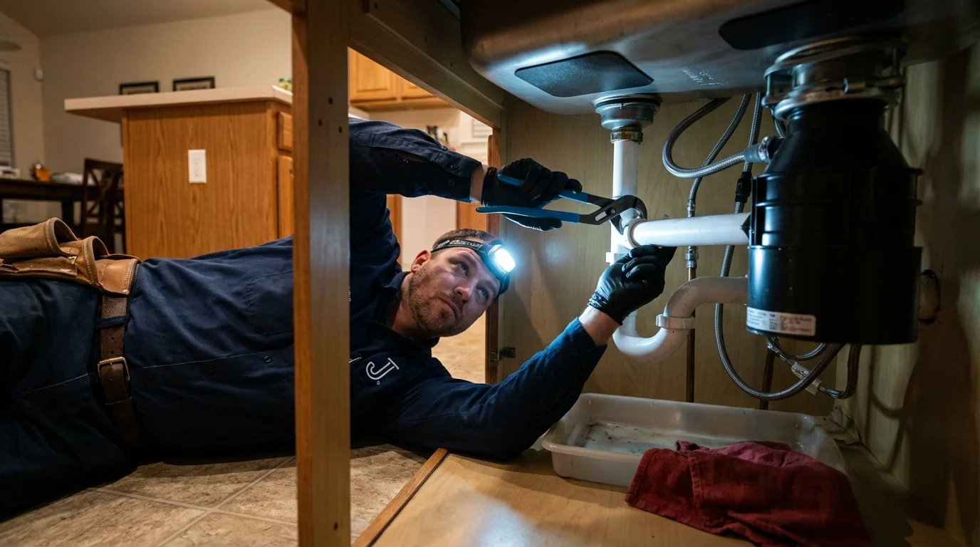 P-trap and supply line connections under a kitchen sink showing a common leak point in Oconomowoc, WI